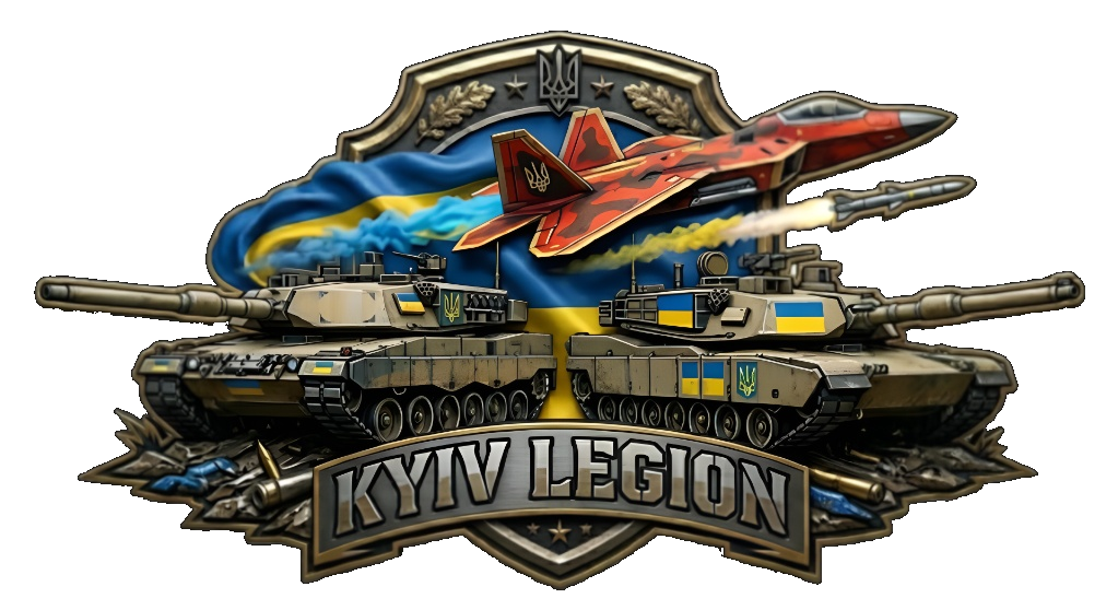 Емблема полку KYIV LEGION: два танки та літак на тлі прапора України